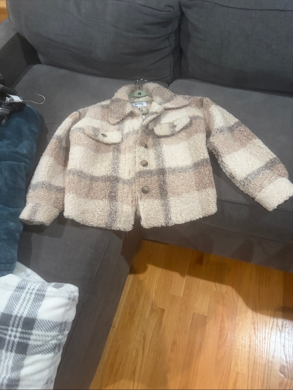 BB Dakota by Steve Madden Cream and Brown Plaid Sherpa Jacket